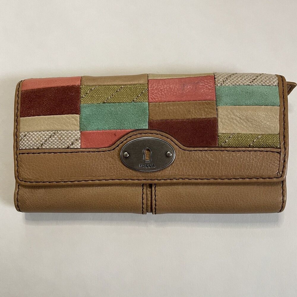 Fossil Brown Tan Multicolor Patchwork Leather Bif… - image 1